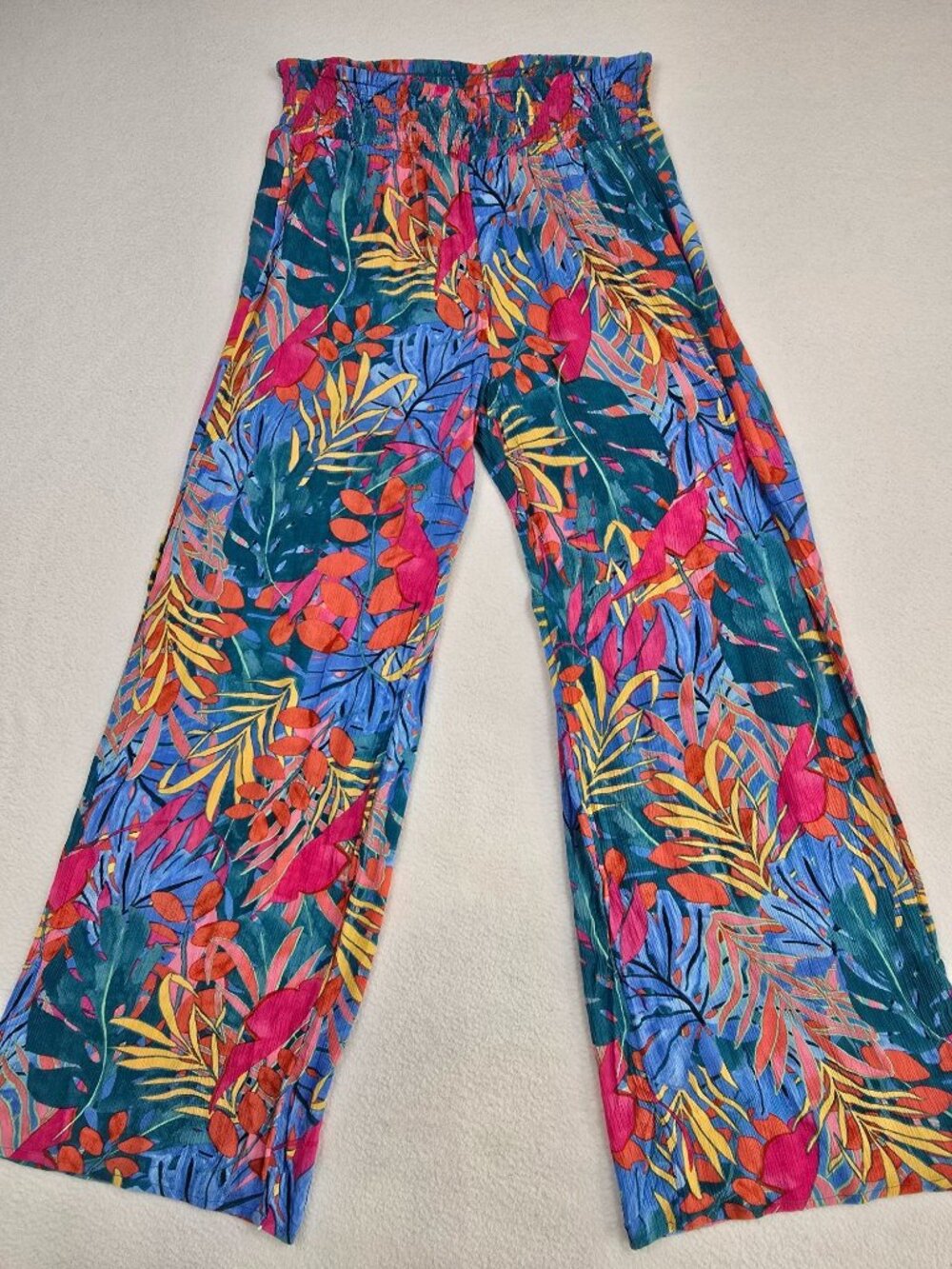 Kona Sol Womens Small Tropical Floral Print Wide Leg Pants Elastic Smocked Waist